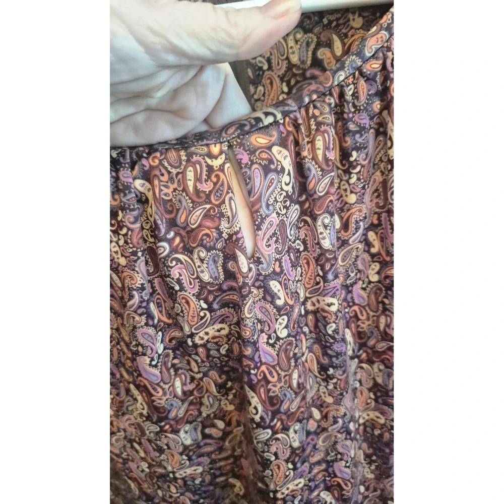Handmade Vintage Paisley Print Long Sleeve‎ Midi Dress Ruffle Hem Mauve Purple M